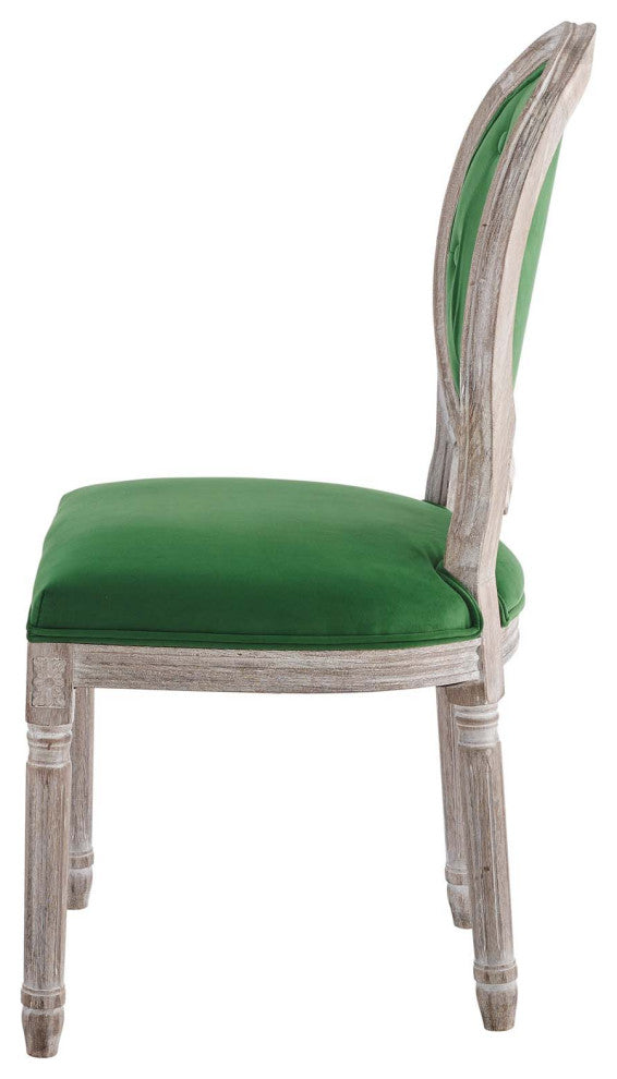 French Vintage Side Dining Chair, Velvet, Wood, Brown Natural Green, Modern
