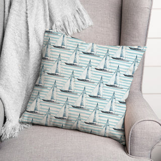 Blue Boats On Stripes 20 x 20 Spun Poly Pillow