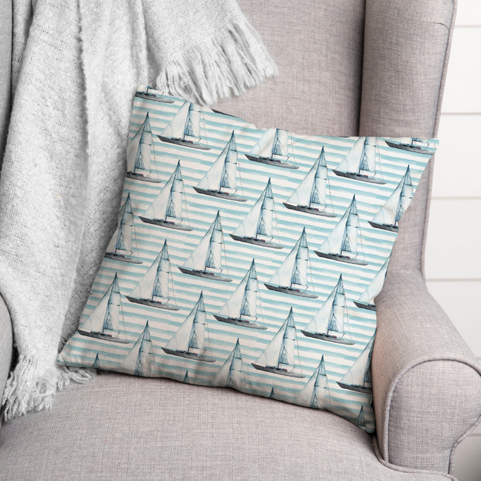 Blue Boats On Stripes 20 x 20 Spun Poly Pillow