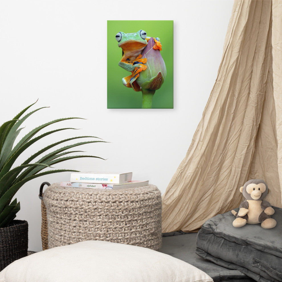 Tiny Green Tree Frog on Lotus Bloom Wildlife Floral Photo Canvas Wall Art Prints, 12" X 16"