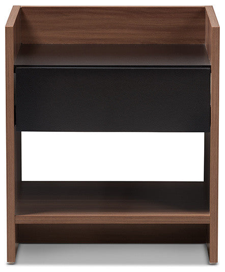 Vanda Modern Two-Tone Walnut and Black Wood 1-Drawer Nightstand