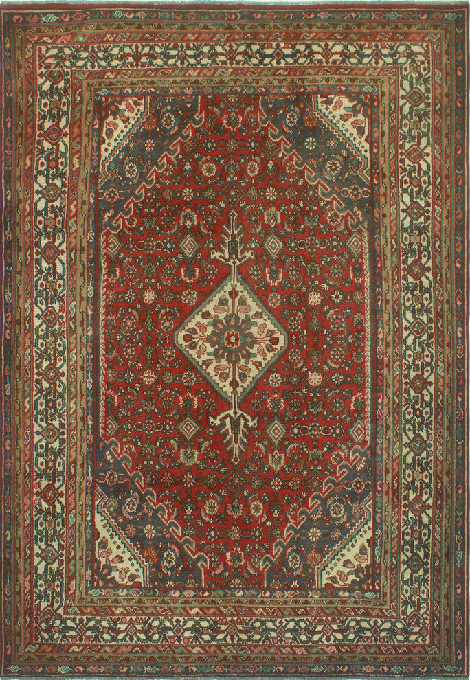 Fine Vintage Distressed Albertin Red/Ivory Rug, 6'8 x 9'10