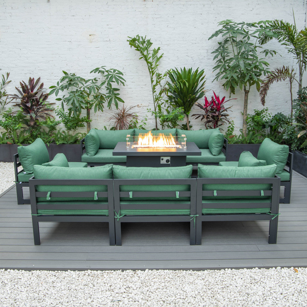 LeisureMod Chelsea 9-Piece Patio Sectional With Fire Pit Table, Green
