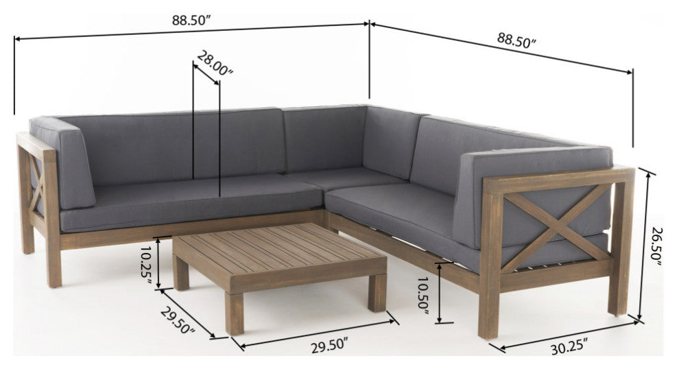 GDF Studio Brava Outdoor 4 Piece V-Shaped Acacia Wood Sectional Sofa Set, Dark Gray