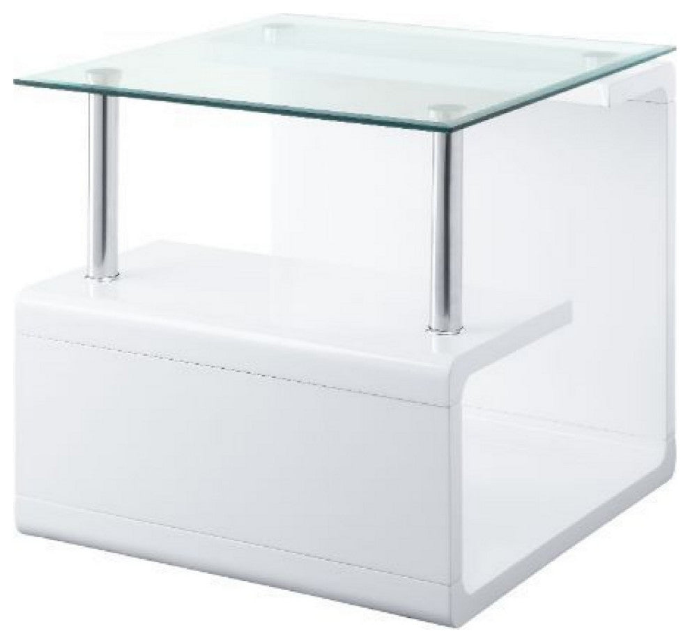 24 Inch Square Accent End Table, Glass Top, Open Shelf, White, Chrome