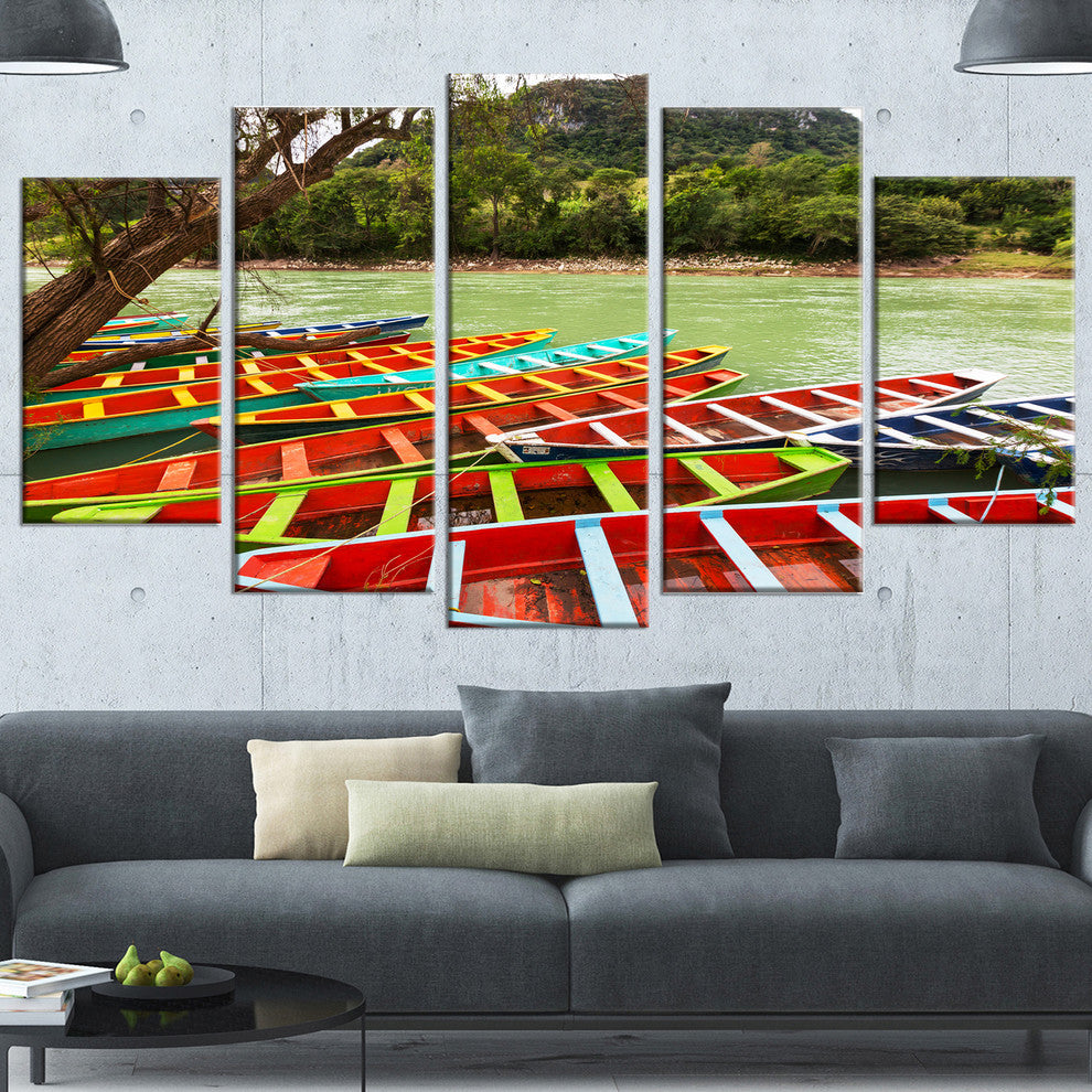 Colorful Boats in Mexico, Landscape Canvas Art Print, 60"x32", 5 Panels