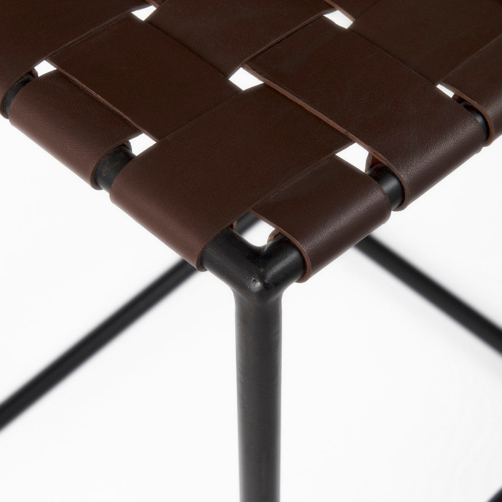 Clarissa Dark Brown Woven Leather Seat with Black Iron Frame Counter Stool