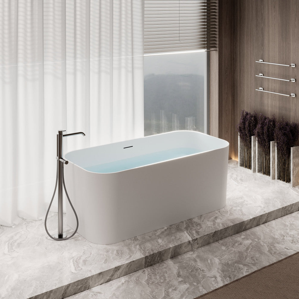 59" Streamline NS5780CH Matte White Stone Resin Bathtub, Tray With Chrome Drain