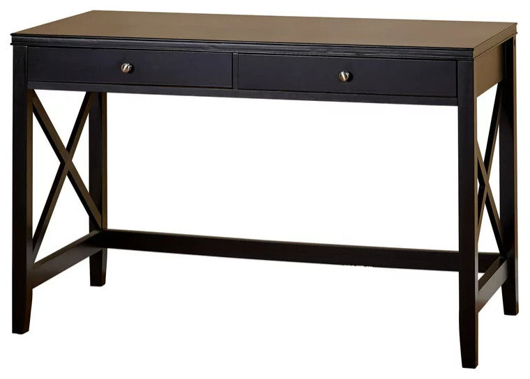 Transitional Desk, Pinewood Legs With Rectangular Top & Storage Drawers, Black