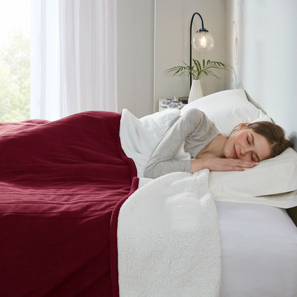 Serta Fleece to Sherpa Heated Fleece and Sherpa Bedding Blanket, Burgundy