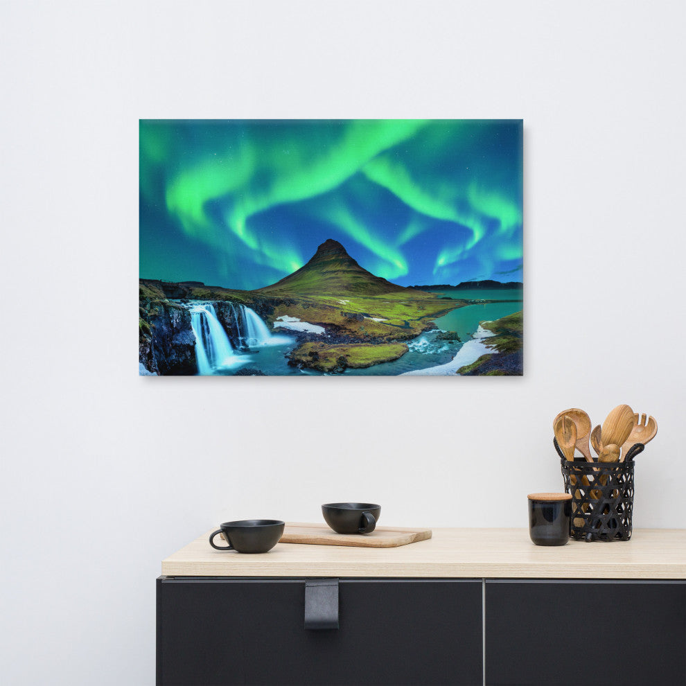 Winter Mountain Northern Lights Landscape Photo Canvas Wall Art Prints, 24" X 36"