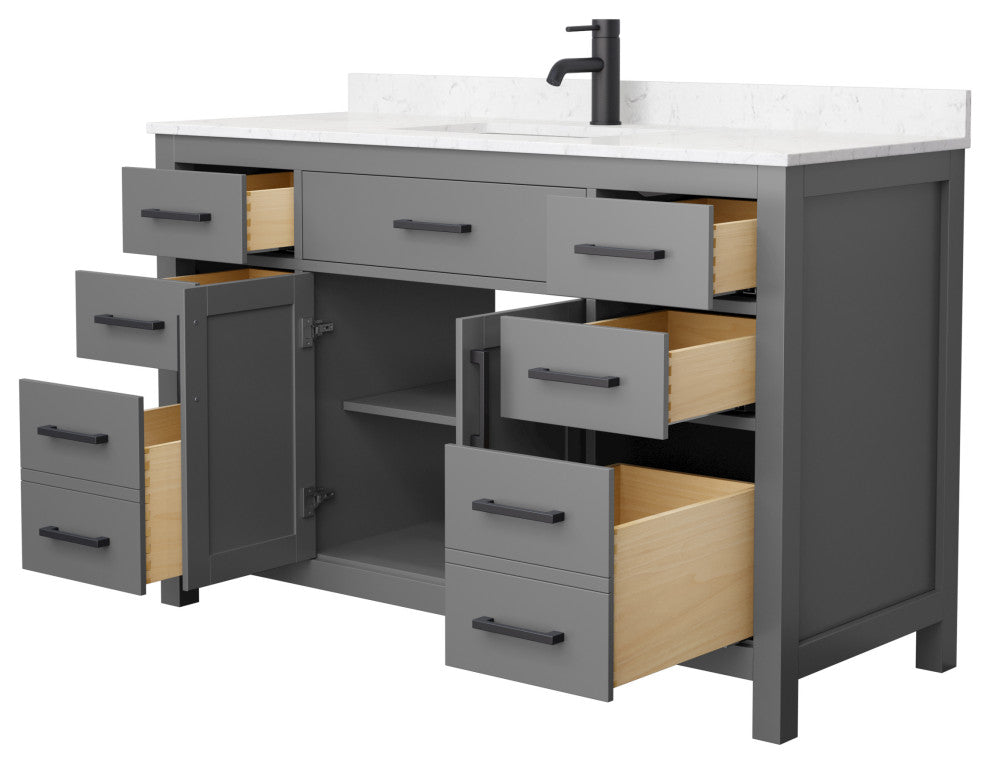54"SGL Vanity Dark Gray, Carrara Cult. Marble Countertop, Sink, Black Trim