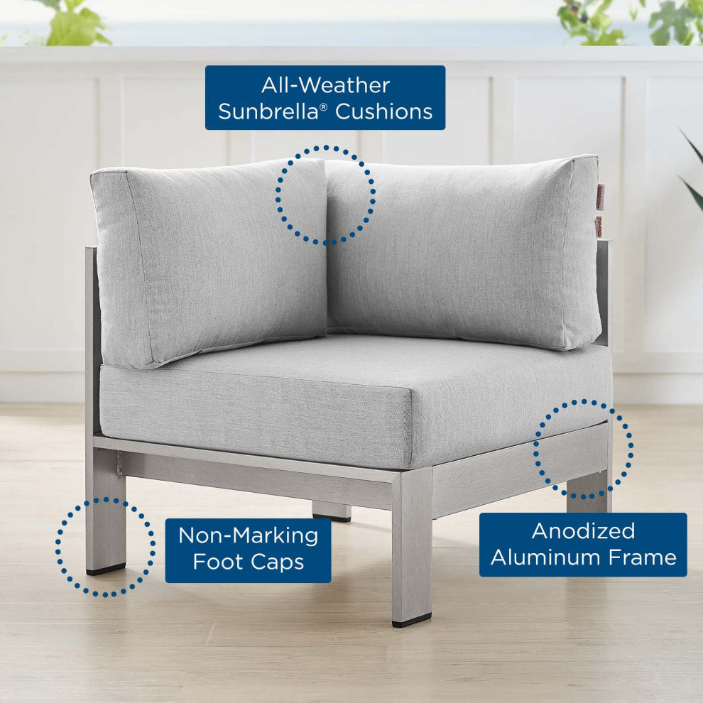 Sofa Corner Chair, Sunbrella, Fabric, Aluminum, Metal, Silver Gray, Outdoor