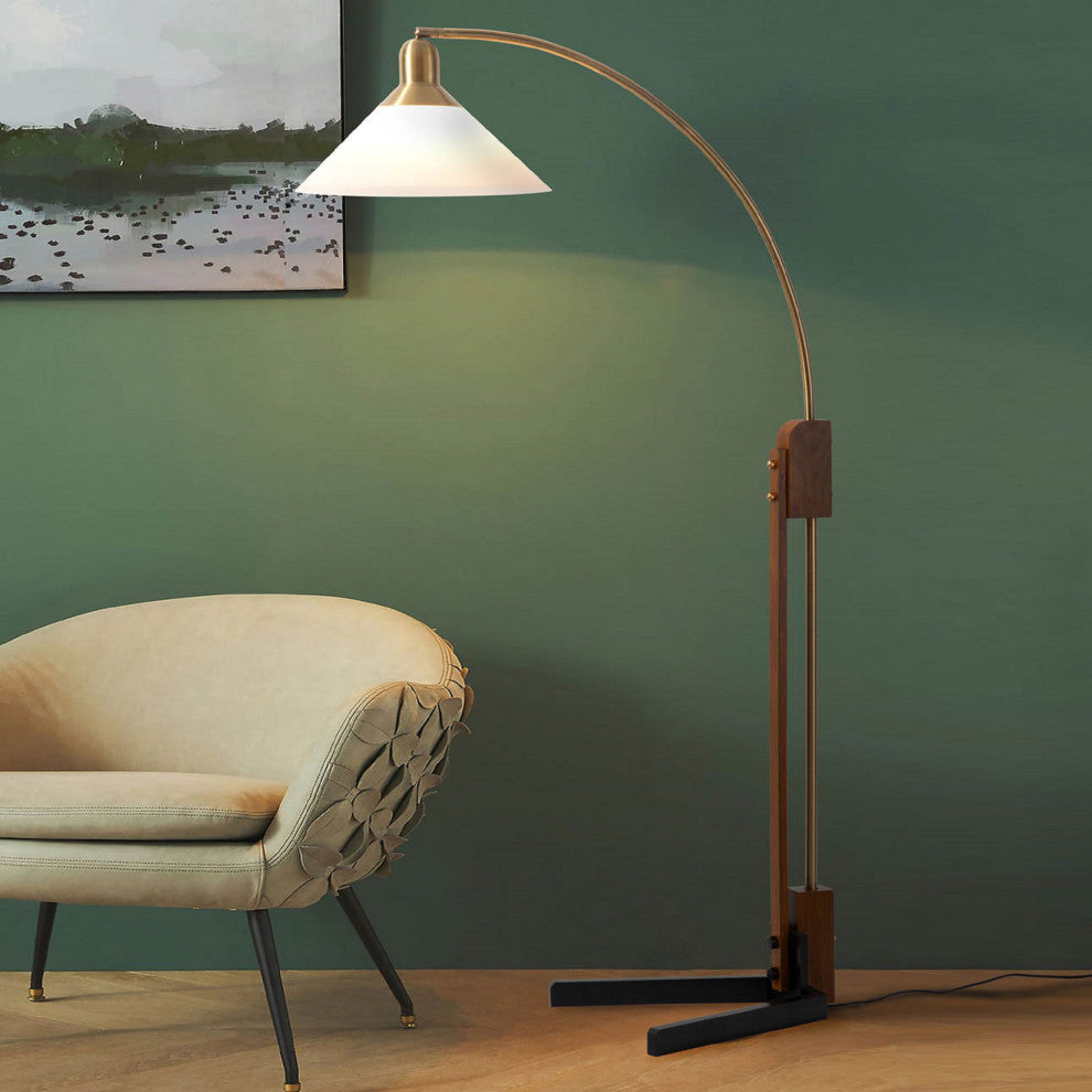 Melmar Chairside Arc Floor Lamp -Weather Brass and Walnut, Dimmer Switch, V-Base
