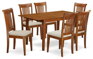 7 Pc Set Rectangular Kitchen Table Featuring 12" Leaf, 6 Chairs In Saddle Brown
