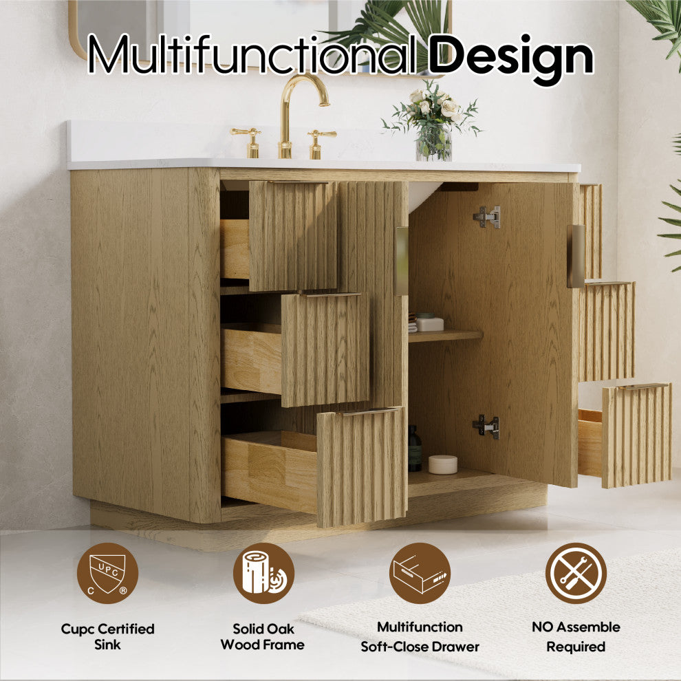 Solid Wood Freestanding Bathroom Vanity with White Quartz Top and Backsplash, 48"