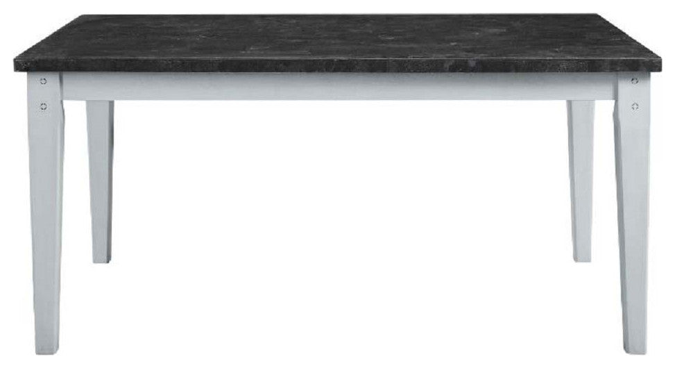 Lanton Dining Table, Natural Marble & Antique White Finish