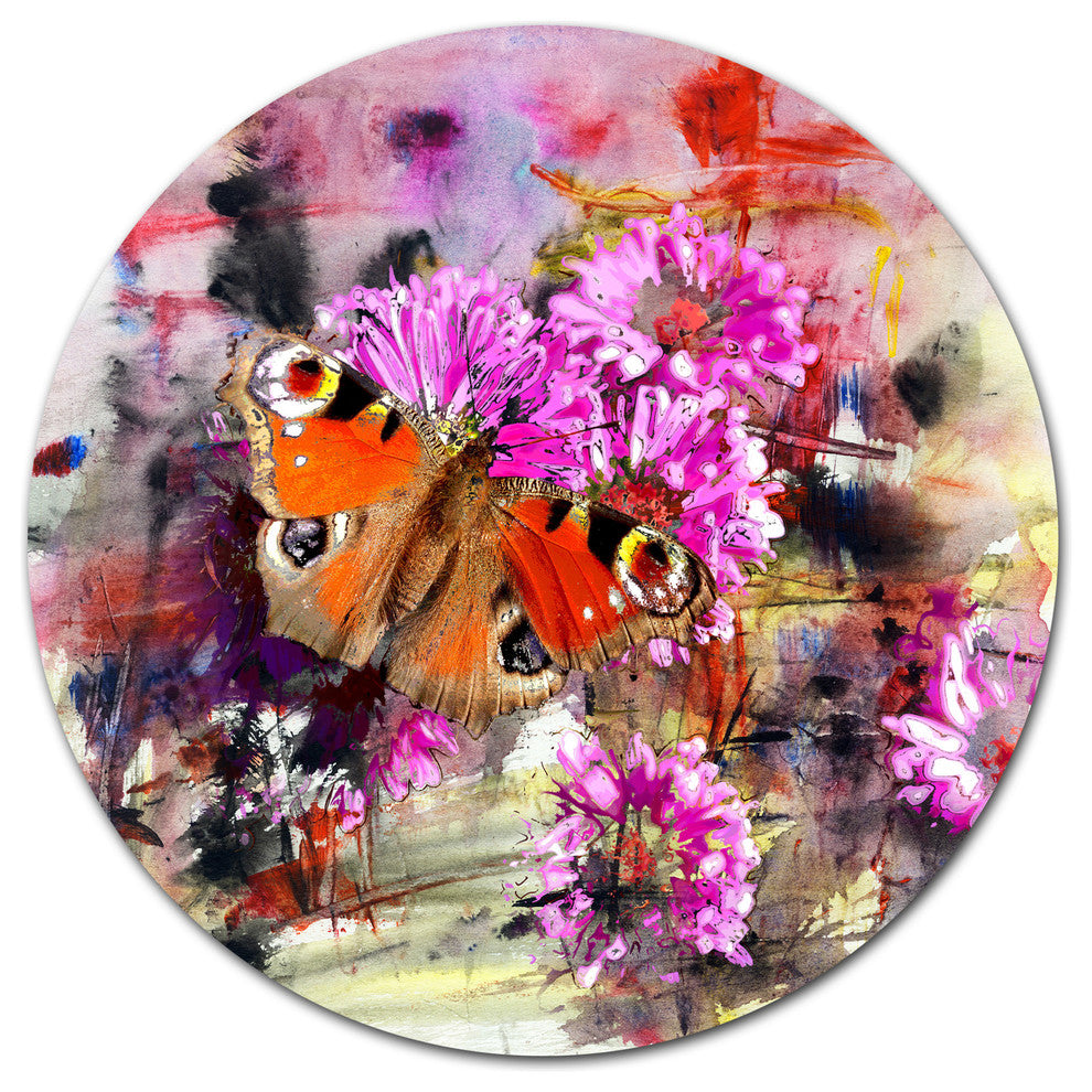 Pink Flowers And Cute Butterflies, Floral Disc Metal Artwork, 38"