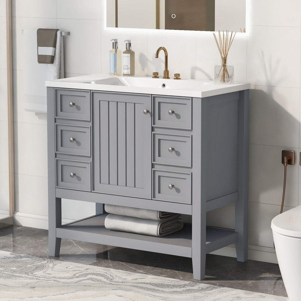 36 Inch Freestanding Bathroom Vanity Set in Blue with Drawers and Ceramic Sink, Grey