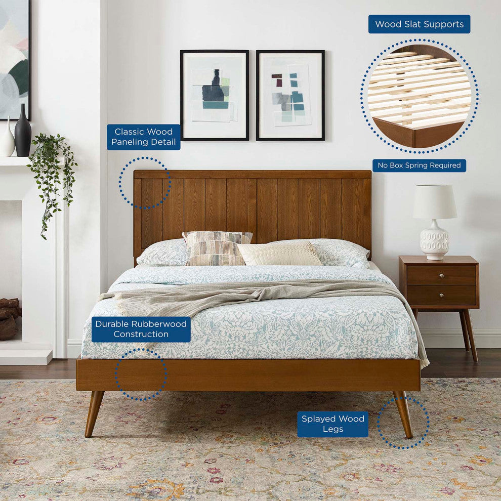 Platform Bed Frame, Queen Size, Wood, Brown Walnut, Modern Mid-Century, Bedroom