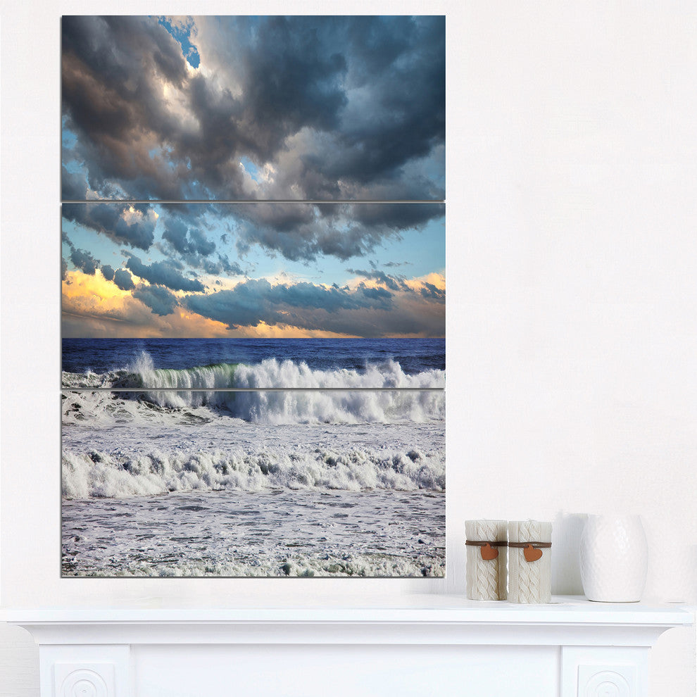 "Heavy Storm in Ocean at Sunset" Beach Metal Wall Art, 3 Panels, 28"x36"
