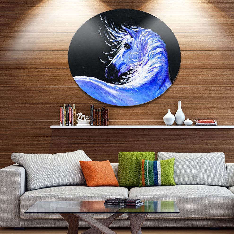 Blue Horse Acrylic Art, Animal Disc Metal Artwork, 11"