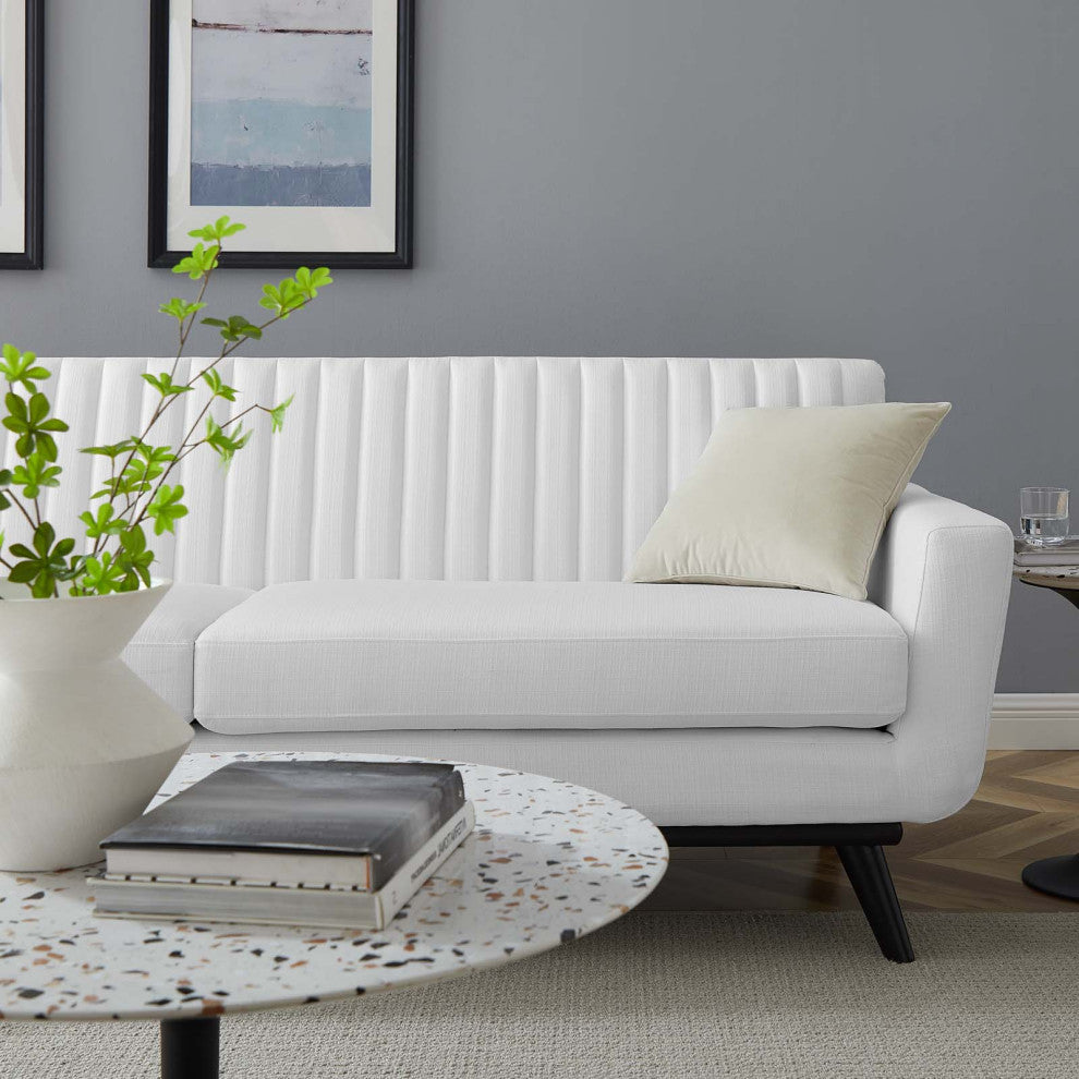 Tufted Sofa, Fabric, White, Modern, Living Lounge Room Hotel Lobby Hospitality