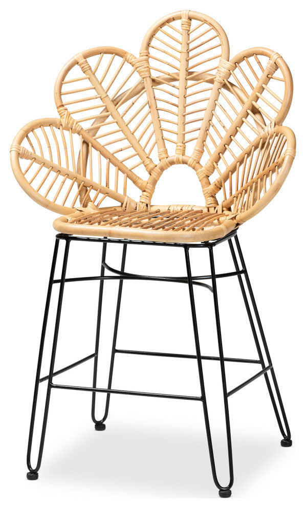Garan Modern Bohemian Natural Brown Rattan and Black Metal Counter Stool