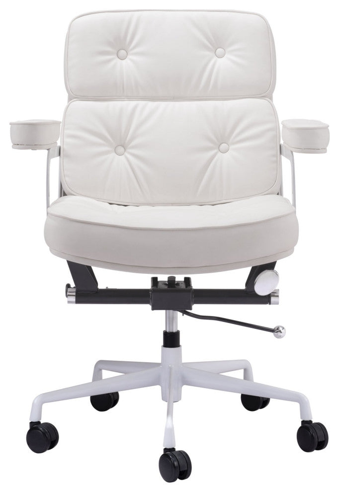 Computer Chair, Faux Vinyl Leather, Steel, White, Mid Century Business Office