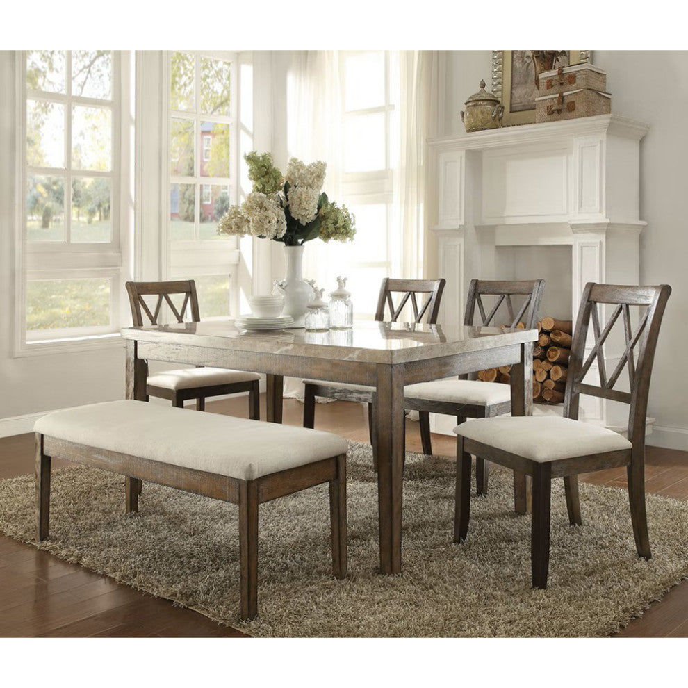 Beige Linen Dining Bench, Salvage Brown Finish
