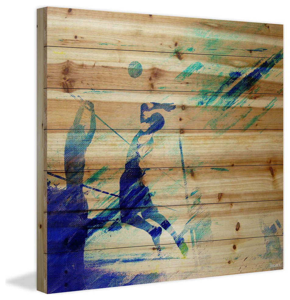 "Dusk Volleyball" Painting Print on Natural Pine Wood, 32"x32"