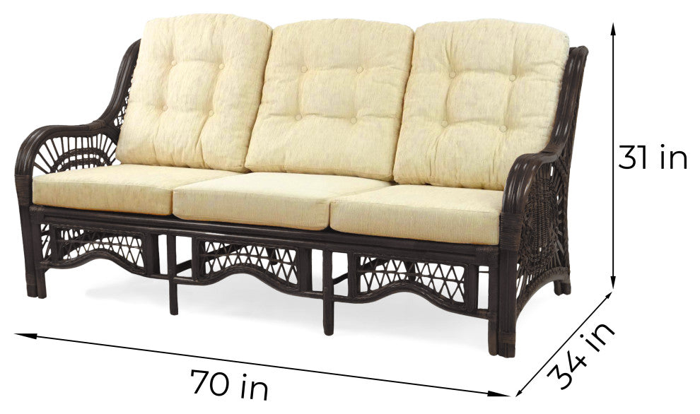 Malibu Handmade 3-Seater Sofa Natural Rattan Wicker, Dark Brown, Cream Cushion