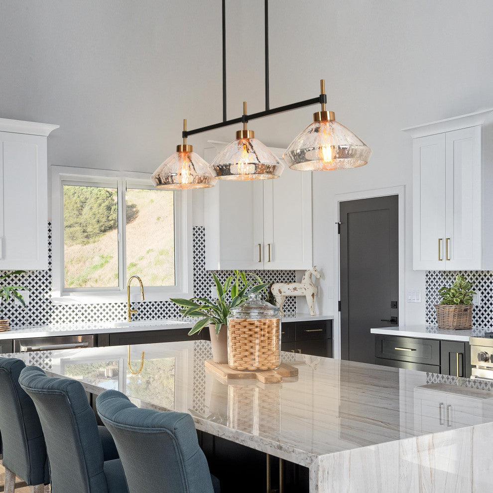 LNC Matte Black Modern Mercury Glass Lighting, 3 Lights, Island Pendant Light