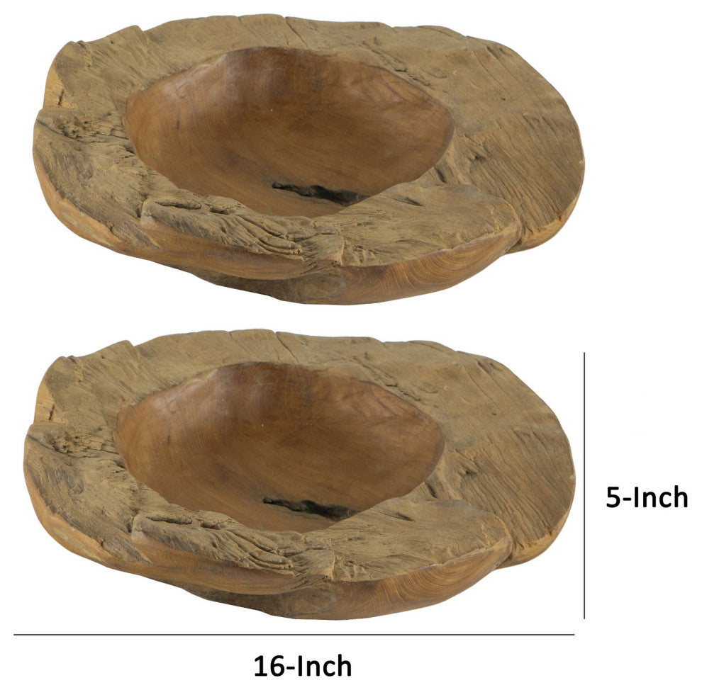 Benzara BM284953 2-Piece Set Teak Wood Table Bowls, Brown Finish