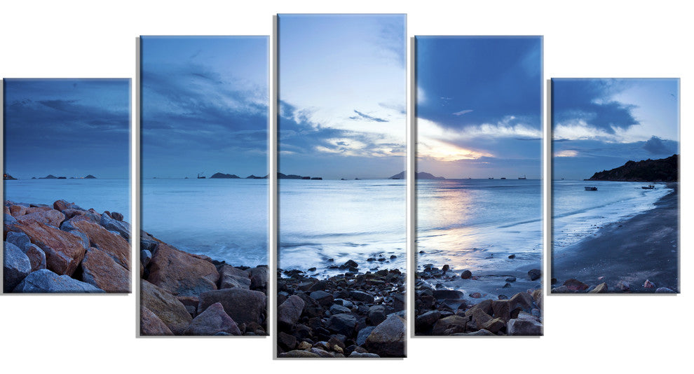 "Blue Sea Sunset on Sandy Coastline" Seascape Wall Art, 5 Panels, 60"x32"