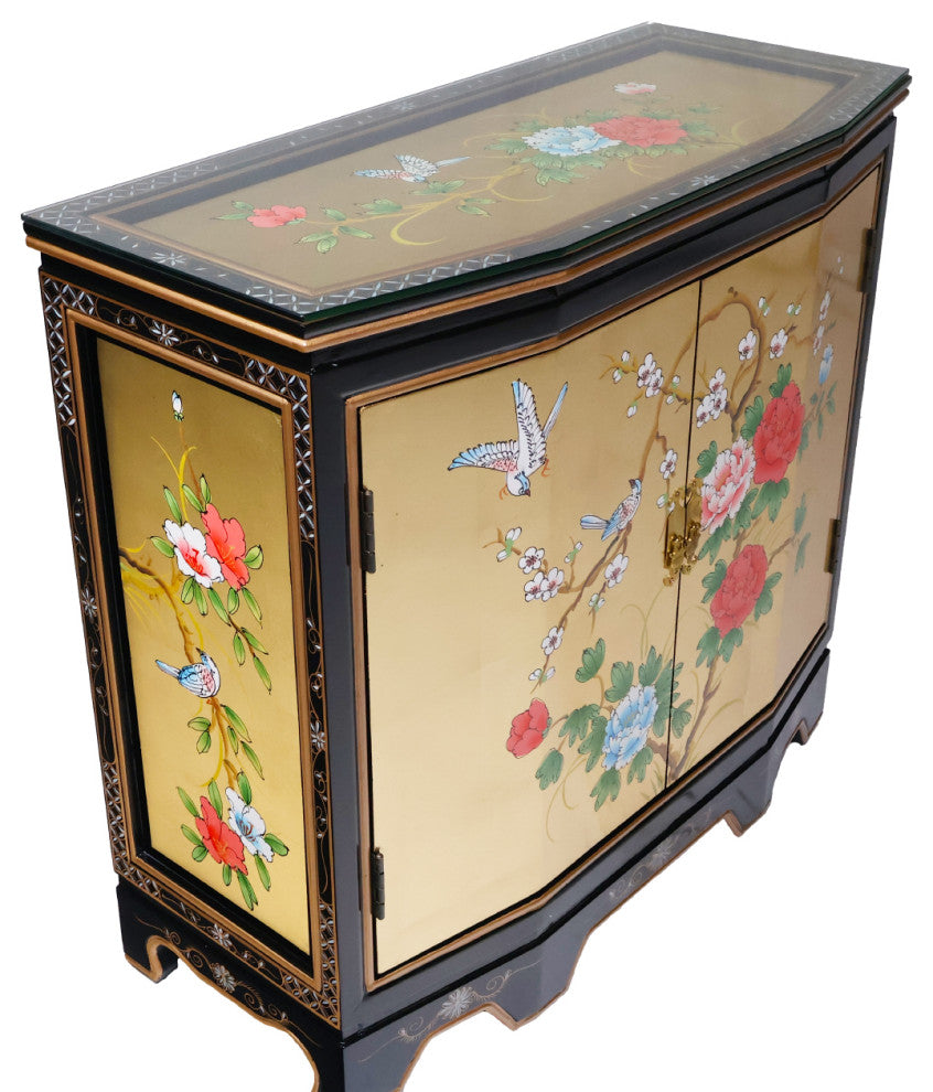 Slant Front Gold Leaf Hand-Painted Bird and Flower 2-Door Cabinet