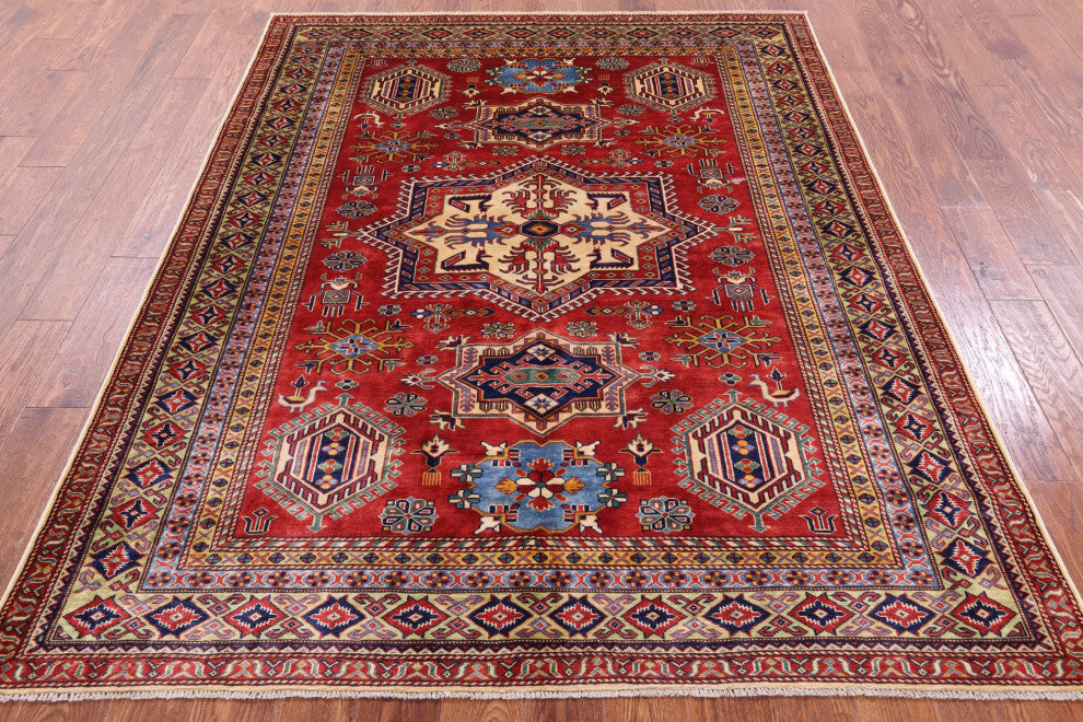 Hand Knotted Geometric Super Kazak Rug 5' 10" X 7' 6" Q10626