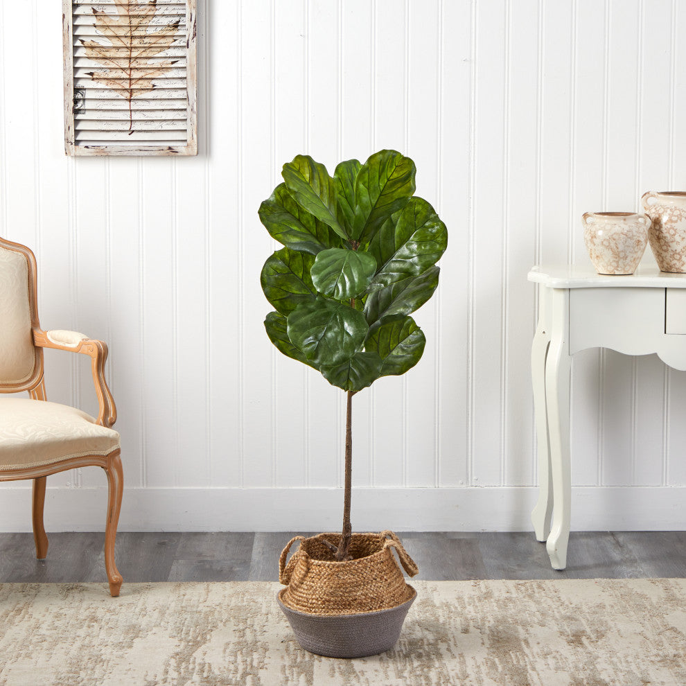 4' Fiddle Leaf Faux Tree, Boho Chic Handmade Cotton & Jute Gray Woven Planter