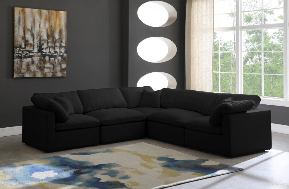 Plush Velvet / Down Standard Comfort L-Shaped Modular Sectional, Black, 5-Piece: 2 Armless Chair, 3 Corner Chair
