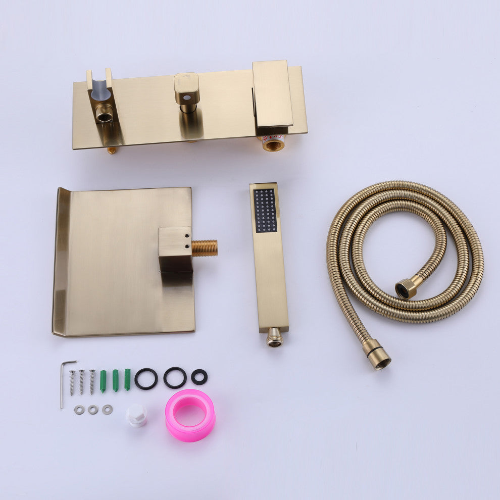 Wall Mounted Pressure Balanced Roman Tub Faucet with Hand Shower, Brushed Gold