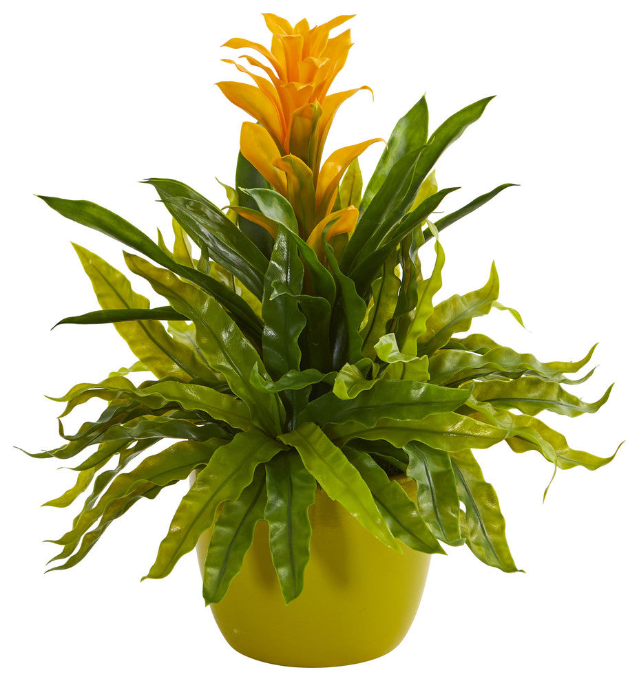 Nearly Natural Bromeliad and Fern Artificial Plant in Green Vase Yellow