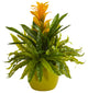 Nearly Natural Bromeliad and Fern Artificial Plant in Green Vase Yellow