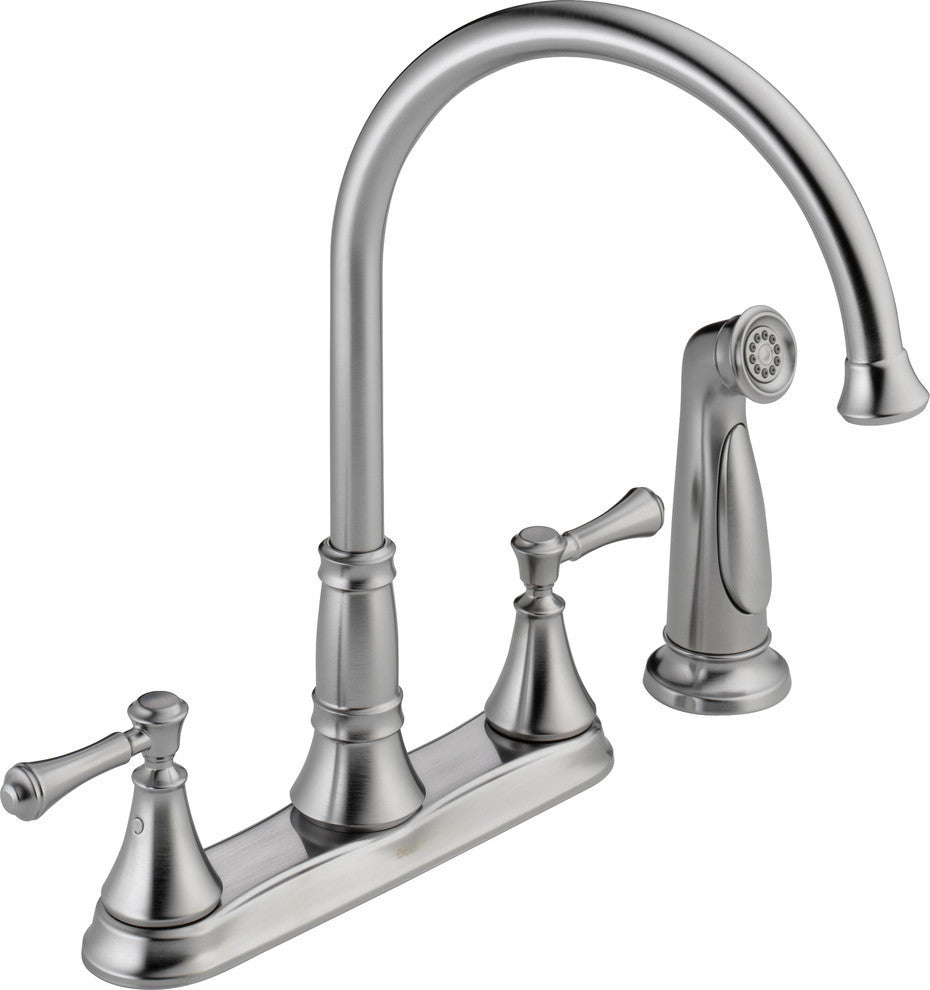 Delta Cassidy Two Handle Kitchen Faucet With Spray, Arctic Stainless, 2497LF-AR