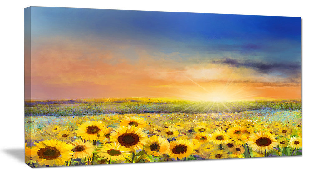 Sunset over Golden Sunflower Field, Floral Canvas Art Print, 32"x16"
