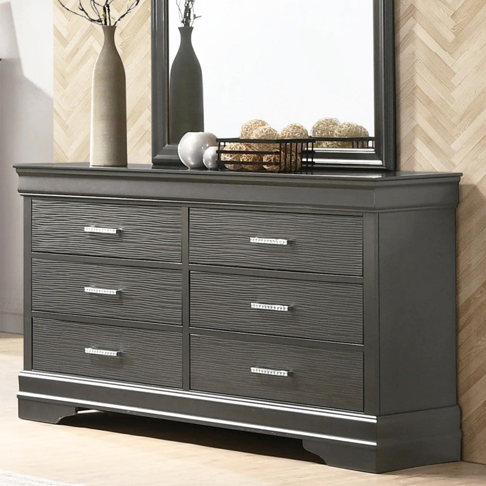 6-Drawers Wooden Dresser With Bar Pull Handles, Dark Gray