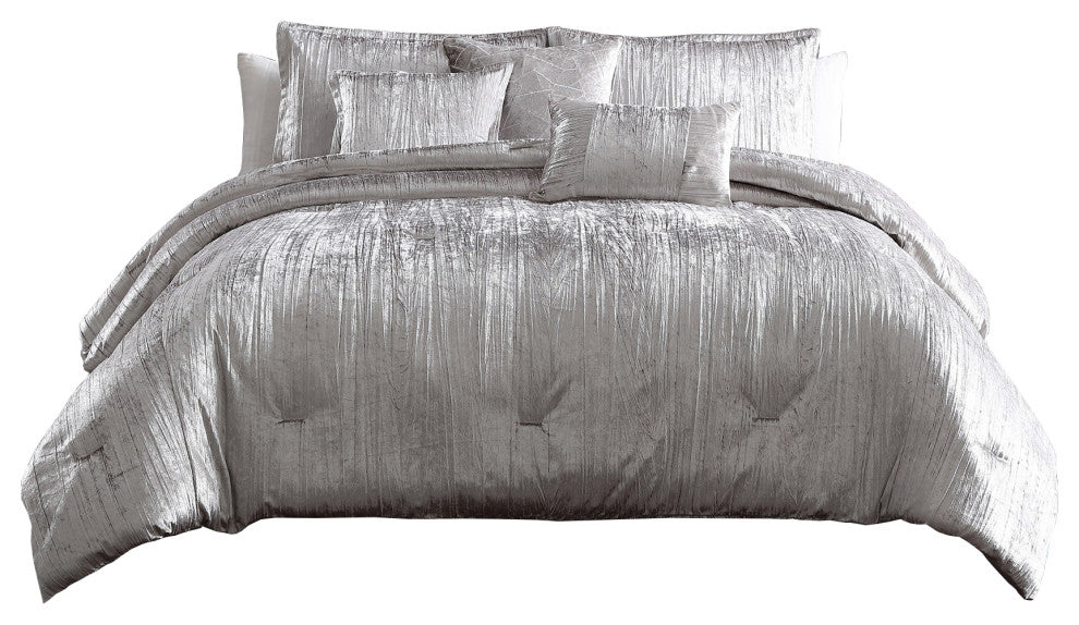 Benzara BM225206 Queen Size 7 Piece Fabric Crinkle Texture Comforter Set ,Silver
