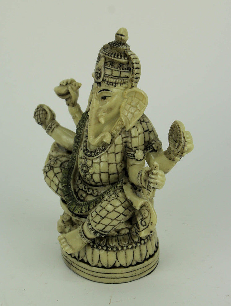 Lord Ganesha Sitting On Lotus Flower Holding Sacred Objects Statue