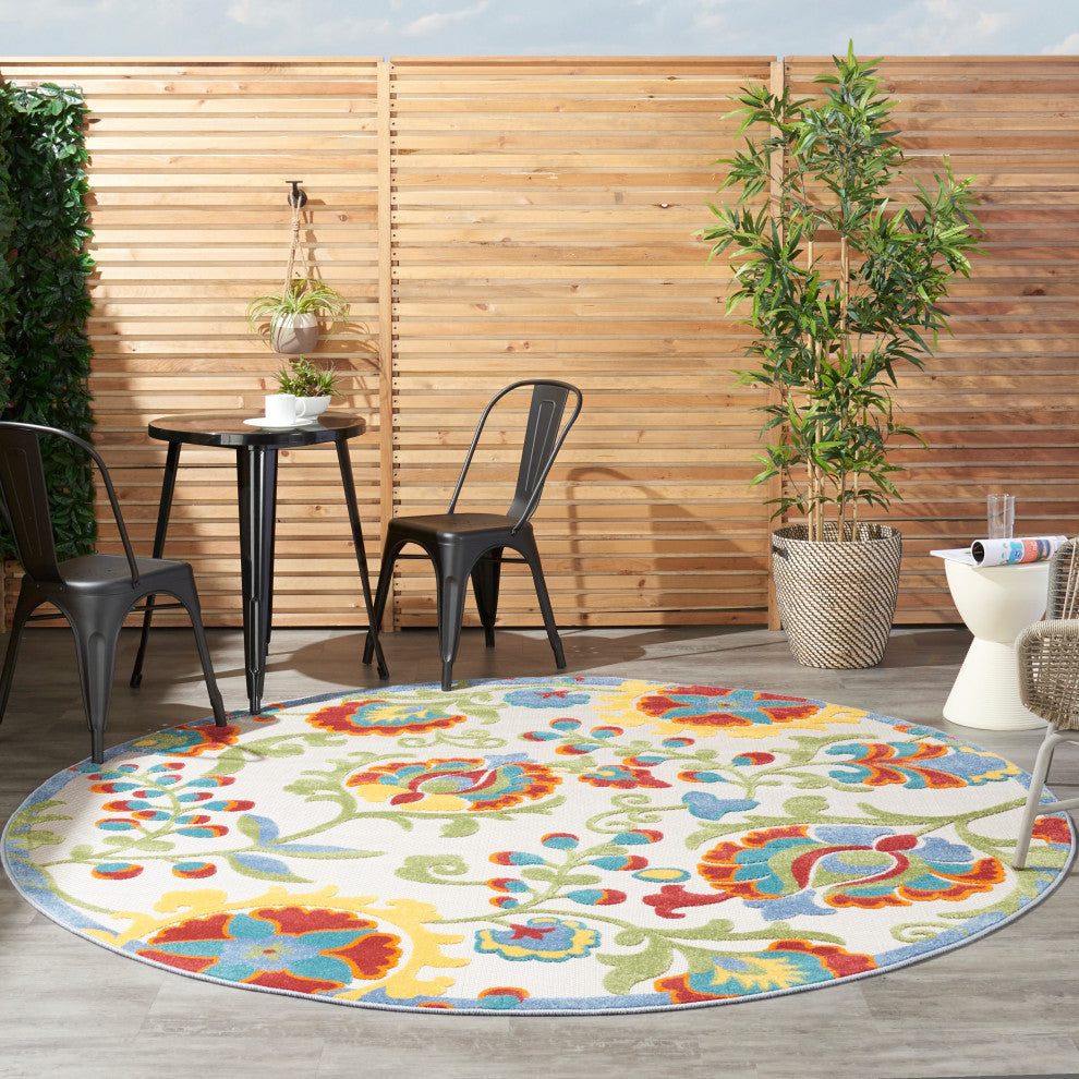 Nourison Aloha 7'10" Round Ivory/Multi Farmhouse Area Rug