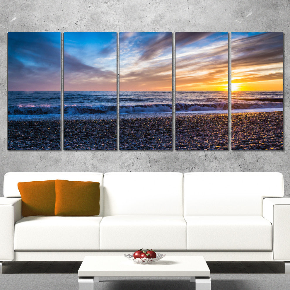 "Cloudy Sky With Bright Full Yellow Sun" Beach Wall Art, 5 Panels, 60"x28"