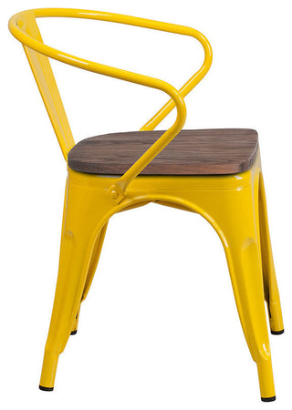 Yellow Metal Chair with Wood Seat and Arms